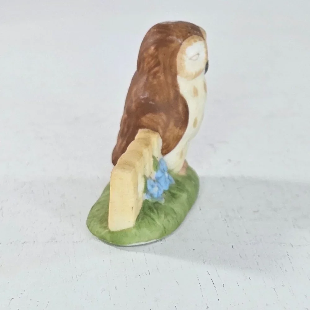Vintage Schmid Owl Miniature Figurine 1990 Bird Fence Flowers